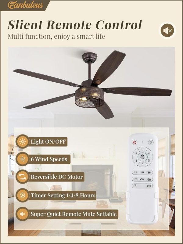 Farmhouse Ceiling Fans with Lights and Remote, 60 Inch Industrial Caged Ceiling Fans for Living Room Bedroom Kitchen, 6 Speed Reversible Quiet DC Motor, Dual Finish 5 BladesOil Bronze