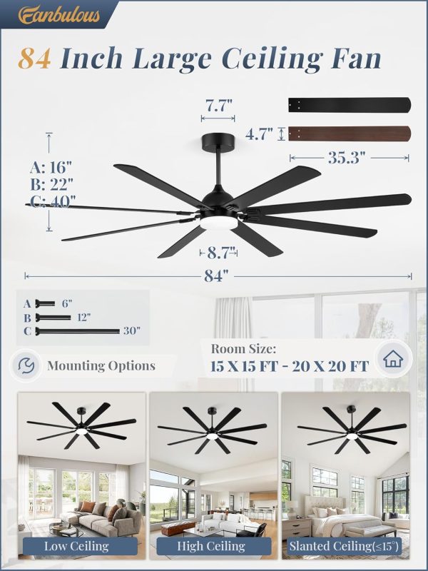 84 Inch Ceiling Fans with Lights, Black Modern Ceiling Fan with Remote,Large Farmhouse Indoor & Outdoor Ceiling Fan with 8 Dual Finish Blades, Quiet DC Motor, Bright LED Light