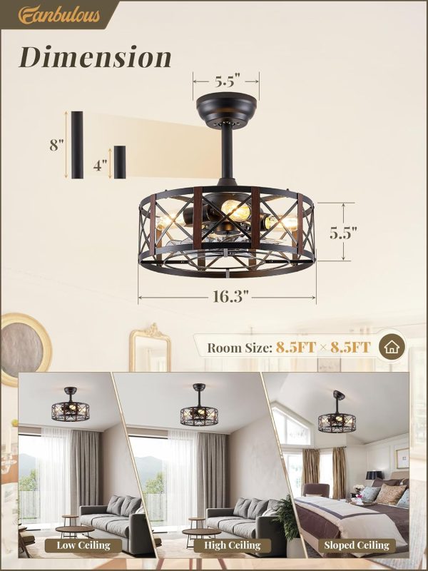 16in Caged Ceiling Fans with Lights and Remote, Fandelier Ceiling Fan with 6 Speeds and Timing, No Beep, Farmhouse Samll Fan Lights Ceiling Fixtures for Kitchen, Bedroom, Outdoor-Walnut
