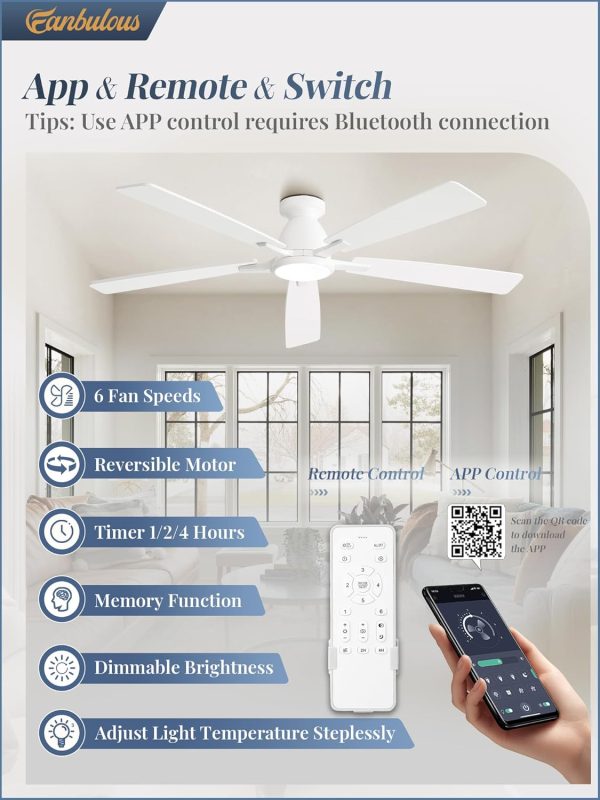 60 inch Ceiling Fans with Lights, Smart Flush Mount Ceiling Fan and Remote APP, Modern Low Profile, 3CCT 20W LED with 6-Speeds Quiet Reversible Motor for Bedroom, Living Room, Kitchen, White