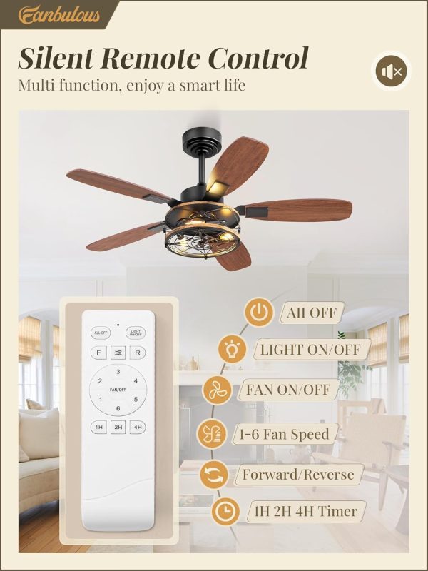 42 Inch Farmhouse Ceiling Fan with Light and Remote, Black Industrial Caged Flush Mount Ceiling Fans with 6 Speed Reversible Motor and Dual Finish 5 Blades, Rustic Ceiling Fan for Living room, Bedroom