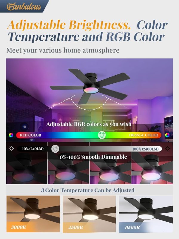 42 Inch Ceiling Fans with Lights and Remote,Outdoor Indoor Modern Flush Mount Ceiling Fan with 3CCT 6-Speed Quiet DC Motor,Small Low Profile Ceiling Fan for Bedroom Living Room OfficeBlack RGB