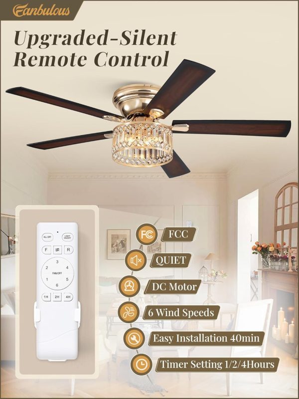 56 Inch Modern Farmhouse Fandelier Ceiling Fans with Lights, Gold Crystal Ceiling Fan with 6-Speeds, Quiet Reversible DC Motor, low profile ceiling fan with light for Bedroom, Living Room