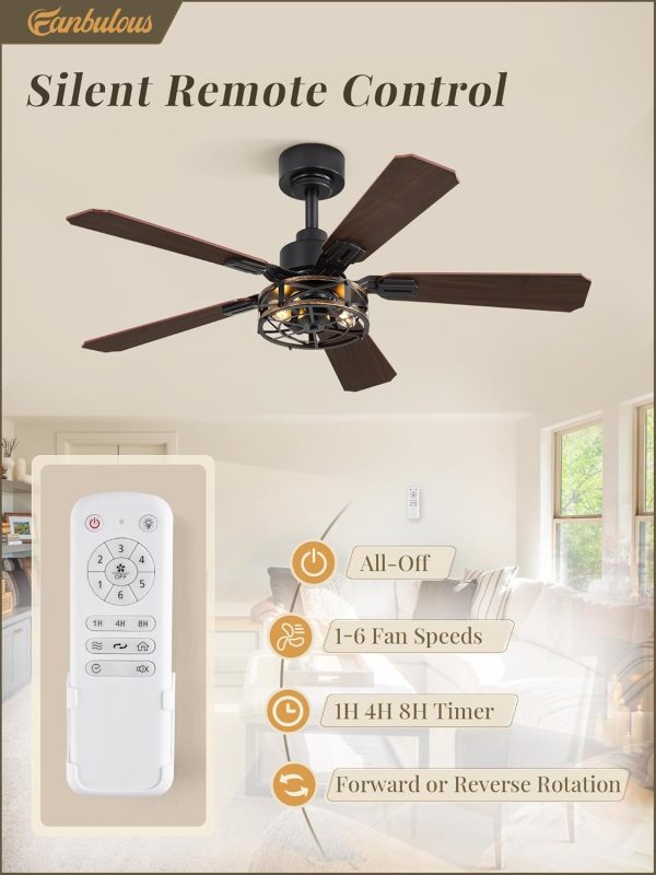 3 Pack 42 Inch Rustic Caged Ceiling Fan with Lights, Black Farmhouse Ceiling Fans for Bedroom Living Room, Double-Sided 5 Blades Rustic Ceiling Fan