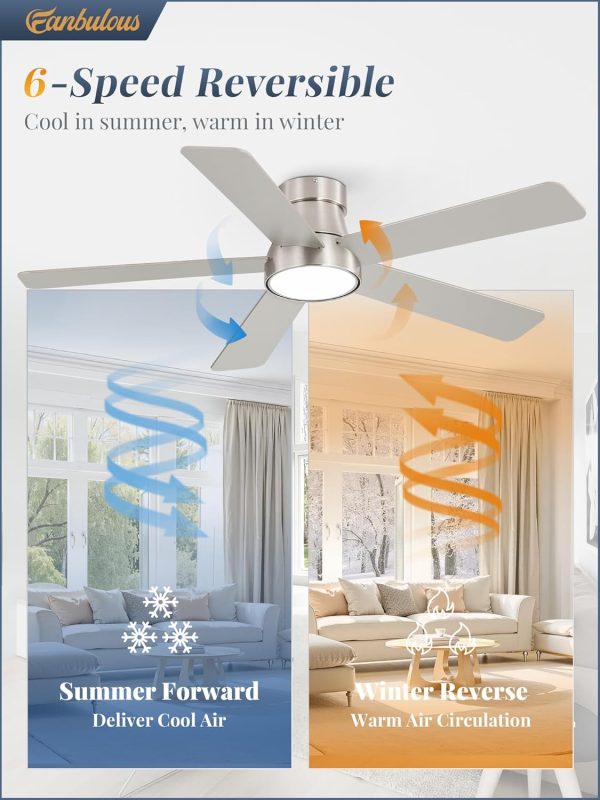 48 Inch Ceiling Fans with Lights and Remote,Outdoor Indoor Modern Flush Mount Ceiling Fan with 3CCT 6-Speed Quiet DC Motor,Small Low Profile Ceiling Fan for Bedroom Living Room Office(Nickel)