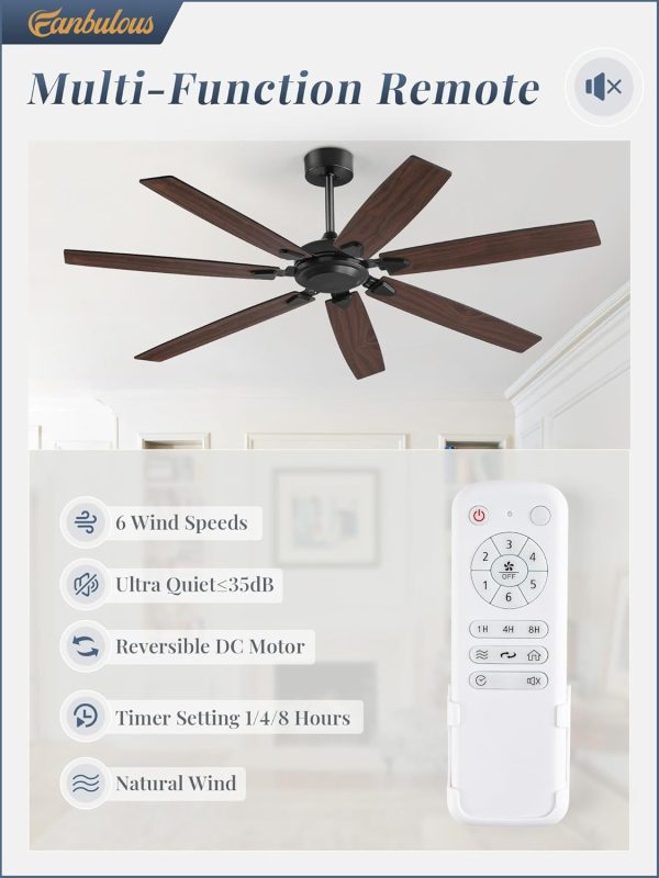 62 Inch Ceiling Fan No Light with Remote Control, Black Ceiling Fans Without Light With 6-Speeds Quiet Reversible DC Motor, Indoor/Outdoor Ceiling Fan with Dual Finish 7 Blades for Patio Living Room
