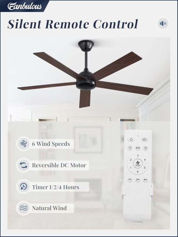 52 Inch Ceiling Fans No Light with Remote, Black Indoor/Outdoor Ceiling Fan Without Light with Quiet Reversible DC Motor, 6 Speeds, 5 Blades Modern Ceiling Fan for Living Room Bedroom Patio