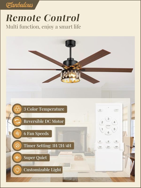 65 Inch Farmhouse Crystal Ceiling Fan with Lights and Remote, Chandelier Ceiling Fan with Quiet Reversible DC Motor, Wood Blades - Ideal for Bedroom