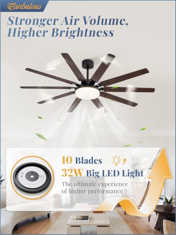 65 inch Large Ceiling Fans with Lights and Remote, Outdoor Black Ceiling Fan with 10 Blades, 32W LED Light 3 CCT, 6 Speed Reversible Quiet DC Motor, Modern Ceiling Fan for Living Room Patio