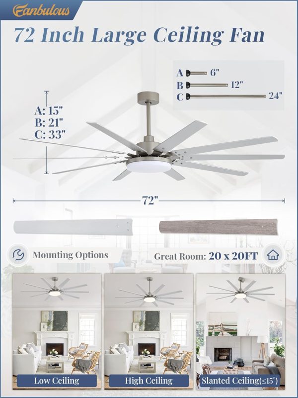 72 inch Large Brushed Nickel Modern Ceiling Fans with Lights and Remote, Indoor/Outdoor Ceiling Fan with 10 Blades, 32W LED light 3 CCT, 6 Speed Reversible Quiet DC Motor, Dual Finish Blades