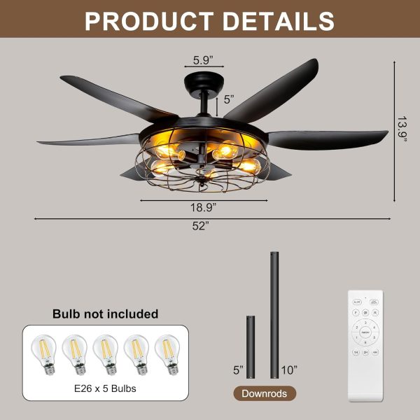 Ceiling Fans with Lights and Remote - 52 Inch Farmhouse Ceiling Fan with Caged Light Fixture - Black Industrial Outdoor Ceiling Fan Lights for Patio, Living Room, Kitchen & Bedroom
