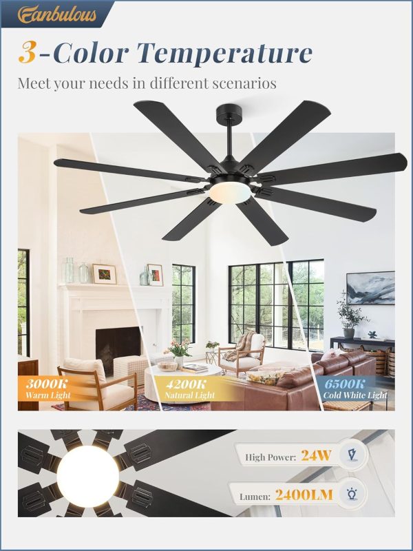 72 Inch Ceiling Fans with Lights, Black Modern Ceiling Fan with Remote,Large Farmhouse Indoor & Outdoor Ceiling Fan with 8 Dual Finish Blades, Quiet DC Motor, Bright LED Light