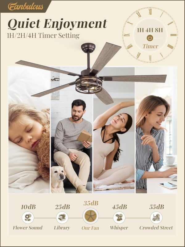 Farmhouse Ceiling Fans with Light, 60 Inch Bedroom Ceiling Fan with Lights, 6-Speed Adjustable, Quiet and Reversible DC Motor, 5 Dual Finish Blades, Rustic Caged Ceiling FanOil Bronze