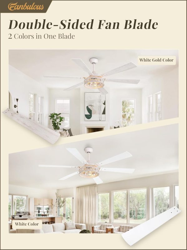 65 Inch Ceiling Fan with Lights, Farmhouse Caged Ceiling Fans with Remote, White Industrial Ceiling Fans with Quiet Reversible DC Motor, Large Ceiling Fan for Living room, Bedroom