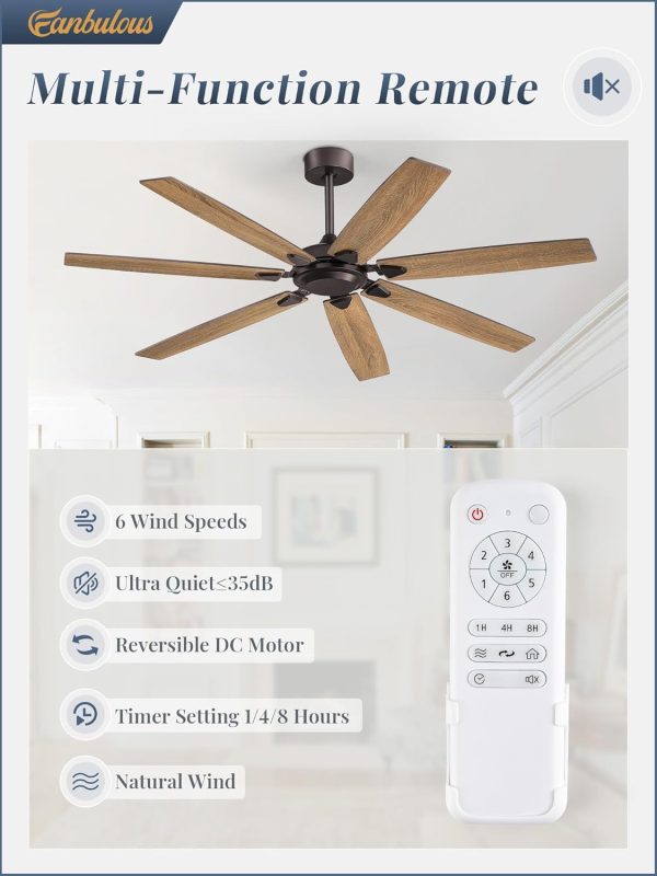 62 Inch Ceiling Fan No Light with Remote Control, Brown Ceiling Fans Without Light With 6-Speeds Quiet Reversible DC Motor, Indoor/Outdoor Ceiling Fan with Dual Finish 7 Blades for Patio Living Room