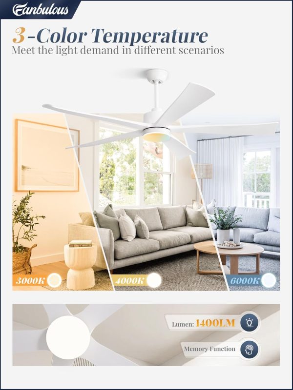 60 Inch Ceiling Fans with Lights and Remote, White Modern Plug in Ceiling Fan with 6 Speeds,Bright LED Light,Reversible Quiet DC Motor for Bedroom,Living Room