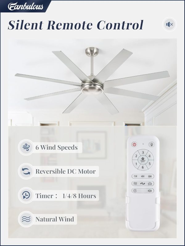 65 Inch Ceiling Fans No Light with Remote, Brushed Nickel Indoor/Outdoor Ceiling Fan Without Light with Quiet Reversible DC Motor, 6 Speeds, 8 Blades Large Ceiling Fan for Living Room Bedroom Patio