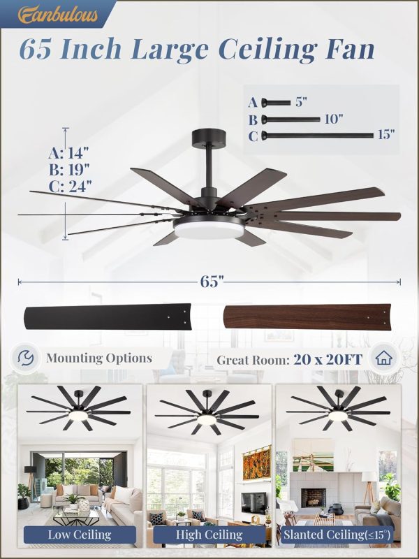 65 inch Large Ceiling Fans with Lights and Remote, Outdoor Black Ceiling Fan with 10 Blades, 32W LED Light 3 CCT, 6 Speed Reversible Quiet DC Motor, Modern Ceiling Fan for Living Room Patio
