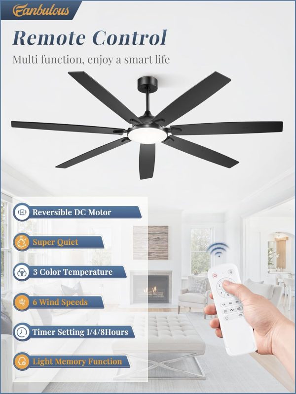 72 Inch Large Ceiling Fans with Lights, Black Modern Ceiling Fan with Quiet DC Motor, 3CCT, Indoor/Outdoor Ceiling Fan with Dual Finish Reversible 7 Blades, Timer for Living Room, Patio