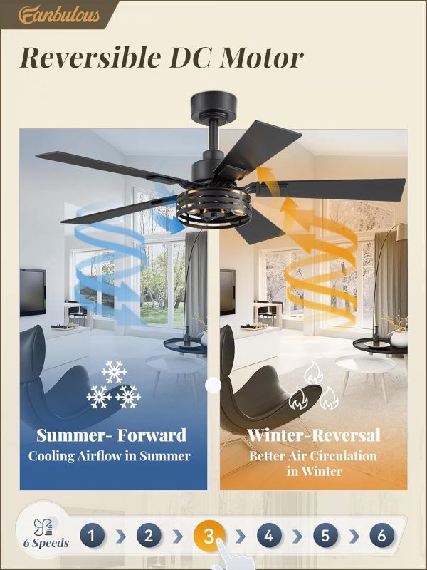 Farmhouse Caged Ceiling Fans with Lights and Remote, 42 Inch Black Bedroom Ceiling Fans for Living Room Kitchen6 Speed Reversible Quiet DC Motor, Dual Finish 5 Blades