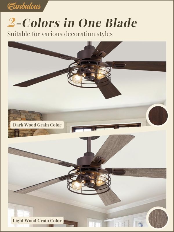 1 Pack Farmhouse 60 Inch Ceiling Fans with Lights, Industrial Caged Ceiling Fans for Bedroom Living Room, Double-Sided 5 Blades Rustic Ceiling Fan-Oil Bronze