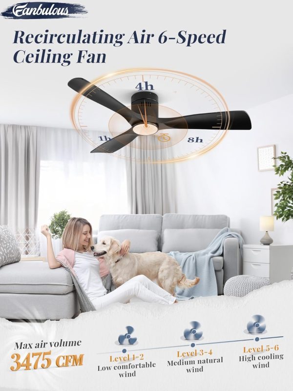 Ceiling Fans with Lights and Remote Control,Modern Flush Mount Ceiling Fan with 3 CCT,Low Profile Ceiling Fans with 6-Speeds Reversible DC Motor for Patio Living Room Bedroom(Black)