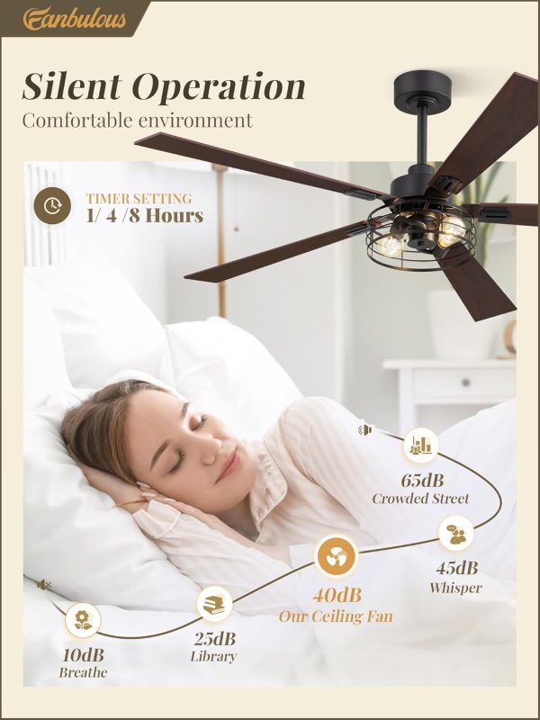 1 Pack Farmhouse 60 Inch Ceiling Fans with Lights, Black Industrial Caged Ceiling Fans for Bedroom Living Room, Double-Sided 5 Blades Rustic Ceiling Fan-Black