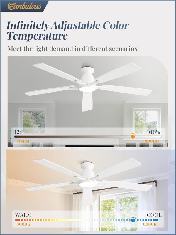 60 inch Ceiling Fans with Lights, Smart Flush Mount Ceiling Fan and Remote APP, Modern Low Profile, 3CCT 20W LED with 6-Speeds Quiet Reversible Motor for Bedroom, Living Room, Kitchen, White