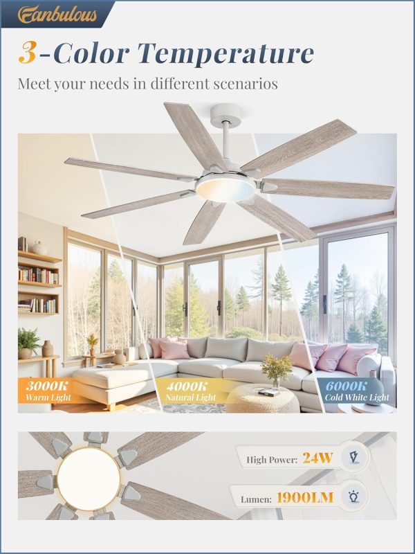 62 Inch Large Ceiling Fans with Lights and Remote, Grey Modern Ceiling Fan with 3CCT LED Light, Quiet DC Motor,Indoor/Outdoor Ceiling Fan with 7 Dual Finish Blades for Living Room, Patio