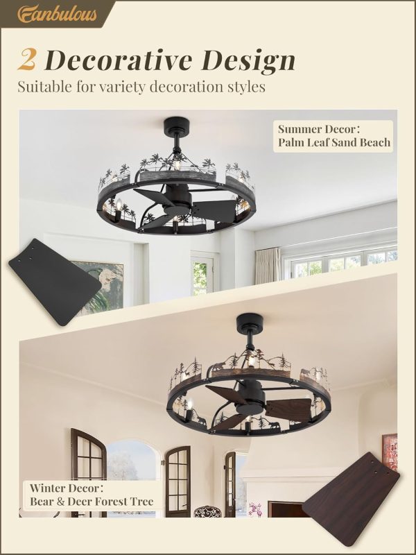 30 Inch Farmhouse Rustic Ceiling Fan with Light and Remote, Black Chandelier Fan with Bear and Deer Design,Summer Sand Beach Design,Rustic Chandeliers for Living Room, Bedroom