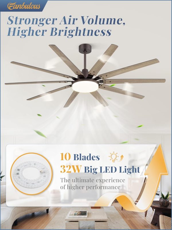 72 inch Large Oil Rubbed Bronze Ceiling Fans with Lights and Remote, Indoor/Outdoor Farmhouse Ceiling Fan with 10 Blades, 32W LED light 3 CCT, 6 Speed Reversible Quiet DC Motor, Dual Finish Blades
