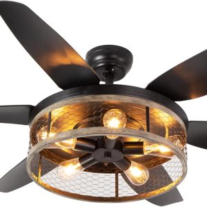 71kcD22dbUL._AC_SL1500_.jpg Farmhouse Ceiling Fan with Lights and Remote,52 inch Rustic Ceiling Fan with Caged Light Fixture, Retro Black Outdoor Ceiling Fans for Patio,Living Room,Dining Room,Bedroom