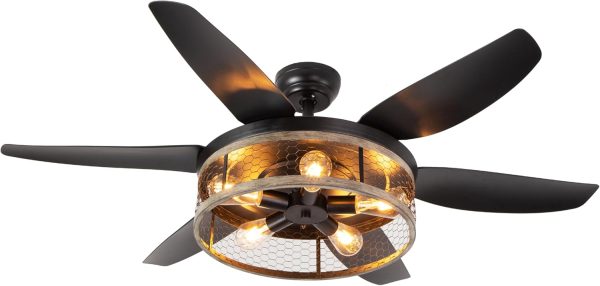 Farmhouse Ceiling Fan with Lights and Remote,52 inch Rustic Ceiling Fan with Caged Light Fixture, Retro Black Outdoor Ceiling Fans for Patio,Living Room,Dining Room,Bedroom