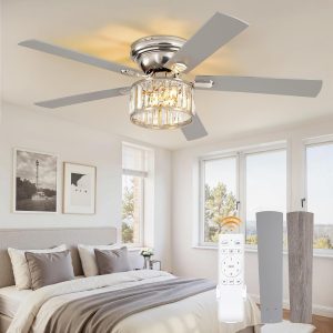 71kuuzxatrL._AC_SL1500_.jpg 56 Inch Modern Crystal Chandelier Fan, Brushed Nickel Fandelier Ceiling Fan with Light, 6-Speeds, Quiet Reversible DC Motor, Flush Mount Ceiling Fan with Lights for Bedroom, Living Room