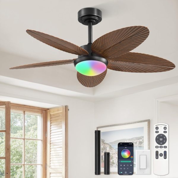 Tropical Ceiling Fans with Lights and Remote/APP Control, 42 Inch Palm Leaf Ceiling Fan with RGB Dimmable Light, Noiseless Modern Ceiling Fan for Bedroom, Indoor/Outdoor Patio Use