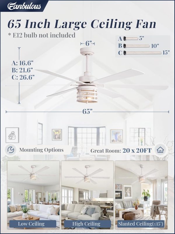 65 Inch Modern Ceiling Fans with Lights and Remote,Farmhouse Large Ceiling Fan with 6-Speed Reversible DC Motor and 6 Dual Finish Blades,White Ceiling Fan with Light for Living Bedroom Patio