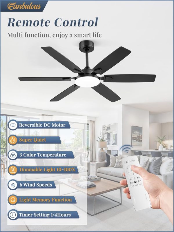 52 Inch Ceiling Fans with Lights, Indoor/Outdoor Modern Ceiling Fan with Reversible Blade And 2 Rods, Quiet DC Motor, 3CCT & 6-Speed Remote Control, Dual Finish Blade for Living Room/Bedroom