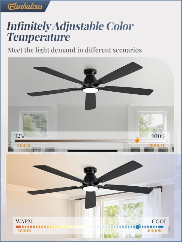 60 inch Ceiling Fans with Lights, Smart Flush Mount Ceiling Fan and Remote APP, Modern Low Profile, 3CCT 20W LED with 6-Speeds Quiet Reversible Motor for Bedroom, Living Room, Kitchen, Black