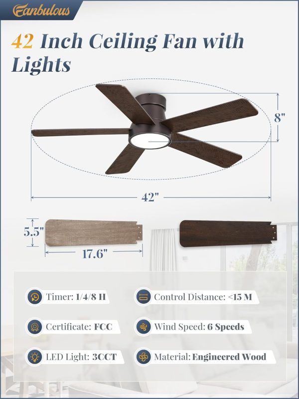 42 Inch Ceiling Fans with Lights and Remote,Indoor Modern Flush Mount Ceiling Fan with 3CCT 6-Speed Quiet DC Motor,Small Low Profile Ceiling Fan for Bedroom Living Room Office(Oil Bronze)
