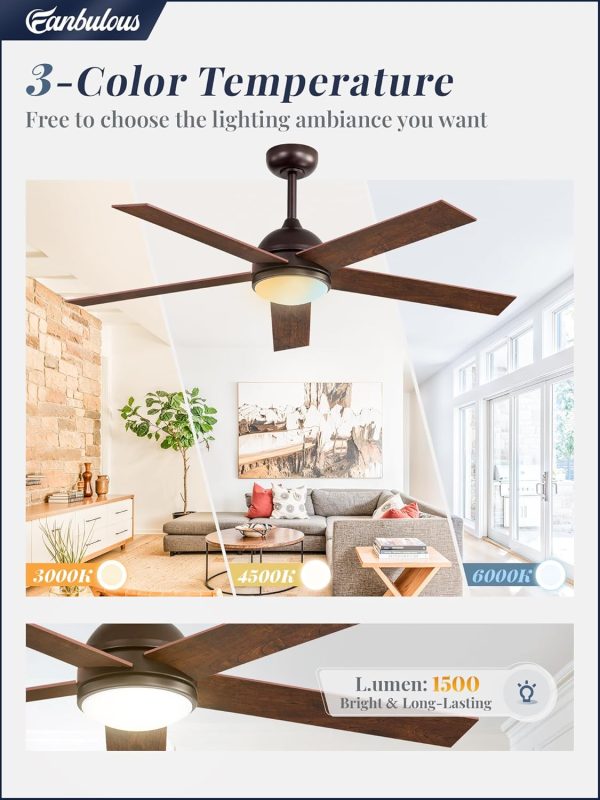 52 Inch Ceiling Fan with Light and Remote, Brown Modern Ceiling Fans, Farmhouse Industrial LED Ceiling Fan Lighting Fixture for Bedroom, Kitchen, Indoor, Living Room