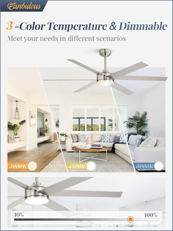 60 Inch Ceiling Fans with Lights and Remote, Reversible 6 Blades, Dimmable, 3000K-6000K Adjustable, Outdoor Ceiling Fans for Patios, Large Ceiling Fan for Indoor or Covered Outdoor, Nickel