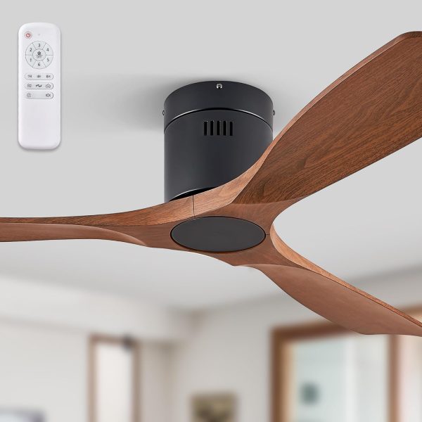Ceiling Fans without Lights, Flush Mount Ceiling Fan with Remote Control Modern,Low Profile Ceiling Fans with 6-Speeds Reversible DC Motor for Patio Living Room Bedroom(Walnut)
