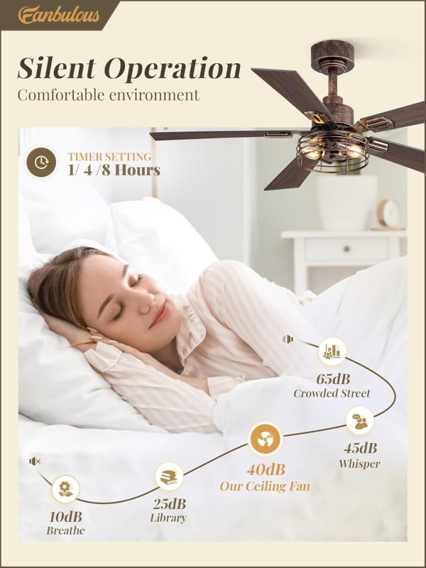 1 Pack Farmhouse 42 Inch Ceiling Fans with Lights, Industrial Caged Ceiling Fans for Bedroom Living Room, Double-Sided 5 Blades Rustic Ceiling Fan-Black Gold