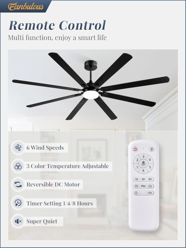84 Inch Ceiling Fans with Lights, Black Modern Ceiling Fan with Remote,Large Farmhouse Indoor & Outdoor Ceiling Fan with 8 Dual Finish Blades, Quiet DC Motor, Bright LED Light