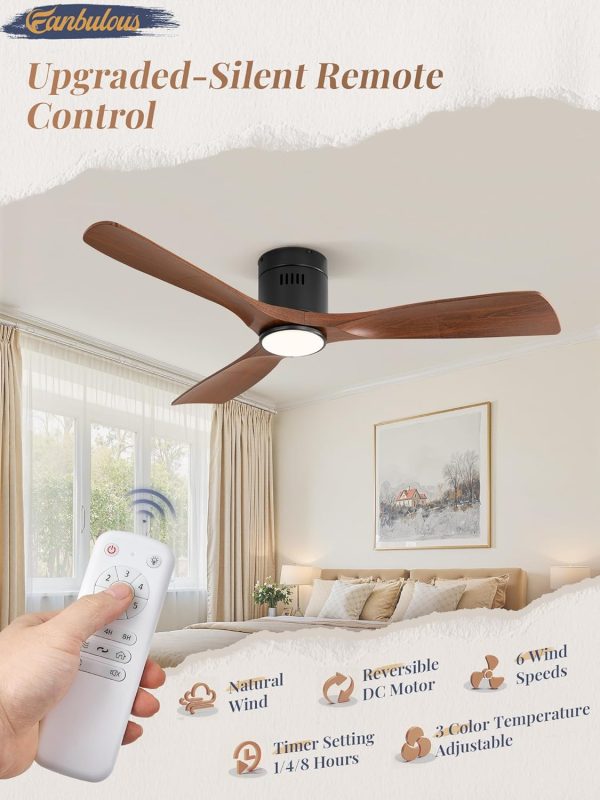 Ceiling Fans with Lights and Remote Control,Modern Flush Mount Ceiling Fan with 3 CCT,Low Profile Ceiling Fans with 6-Speeds Reversible DC Motor for Patio Living Room Bedroom(Walnut)