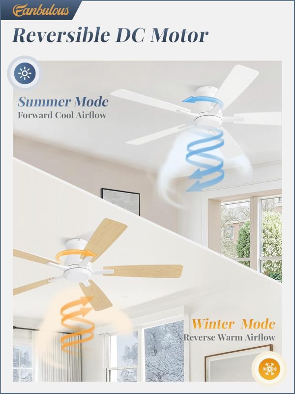 52 Inch Flush Mount Ceiling Fan No Light with Remote,White Modern Low Profile Ceiling Fan Without Light,6-Speeds,Quiet Reversible DC Motor,Indoor&Outdoor Ceiling Fans for Bedroom,Living Room
