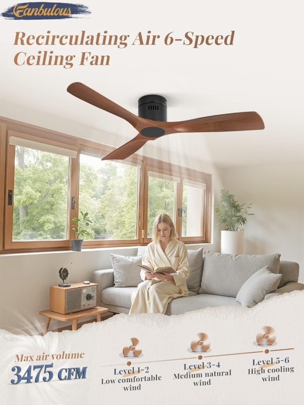 Ceiling Fans Without Lights, Flush Mount Ceiling Fan with Remote Control Modern,Low Profile Ceiling Fans with 6-Speeds Reversible DC Motor for Patio Living Room Bedroom(Walnut)