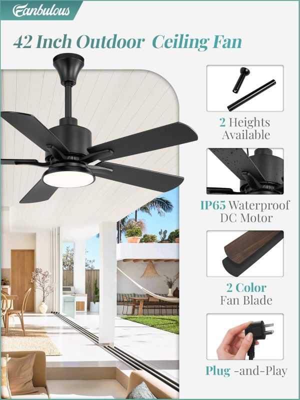 Outdoor Ceiling Fans with Light for Patios, IP65 Waterproof Gazebo Fan, Plug in Ceiling Fan with Remote, 3CCT 6-Speed Black Ceiling Fan with Hanging Hook for Porch, Pergola,Canopy