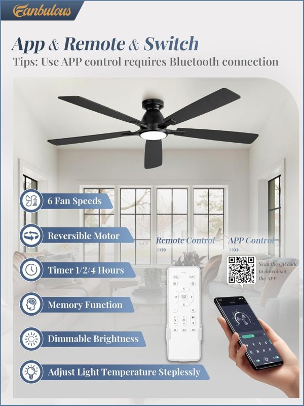 60 inch Ceiling Fans with Lights, Smart Flush Mount Ceiling Fan and Remote APP, Modern Low Profile, 3CCT 20W LED with 6-Speeds Quiet Reversible Motor for Bedroom, Living Room, Kitchen, Black
