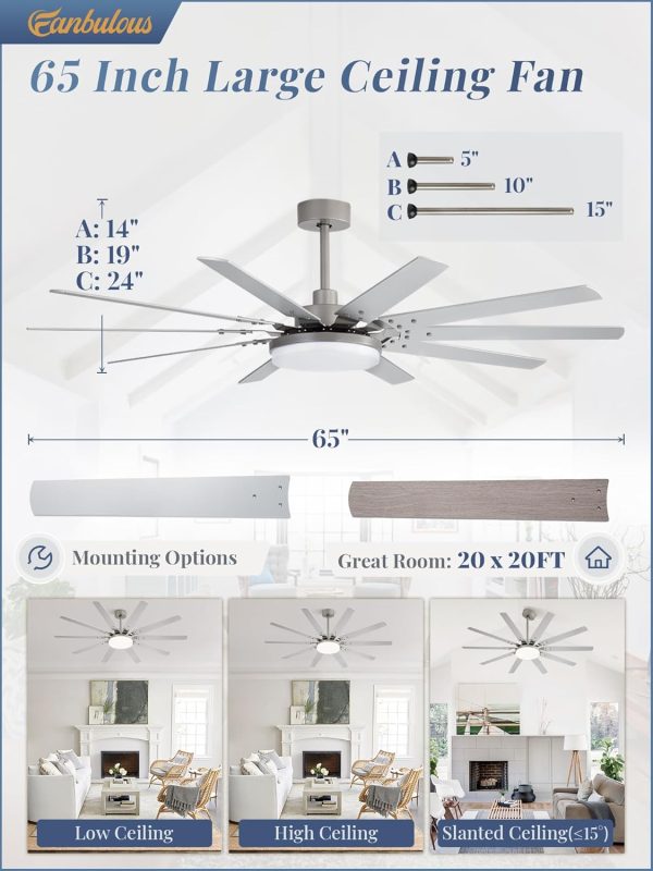 65 inch Large Brushed Nickel Modern Ceiling Fans with Lights and Remote, Indoor/Outdoor Ceiling Fan with 10 Blades, 32W LED light 3 CCT, 6 Speed Reversible Quiet DC Motor, Dual Finish Blades